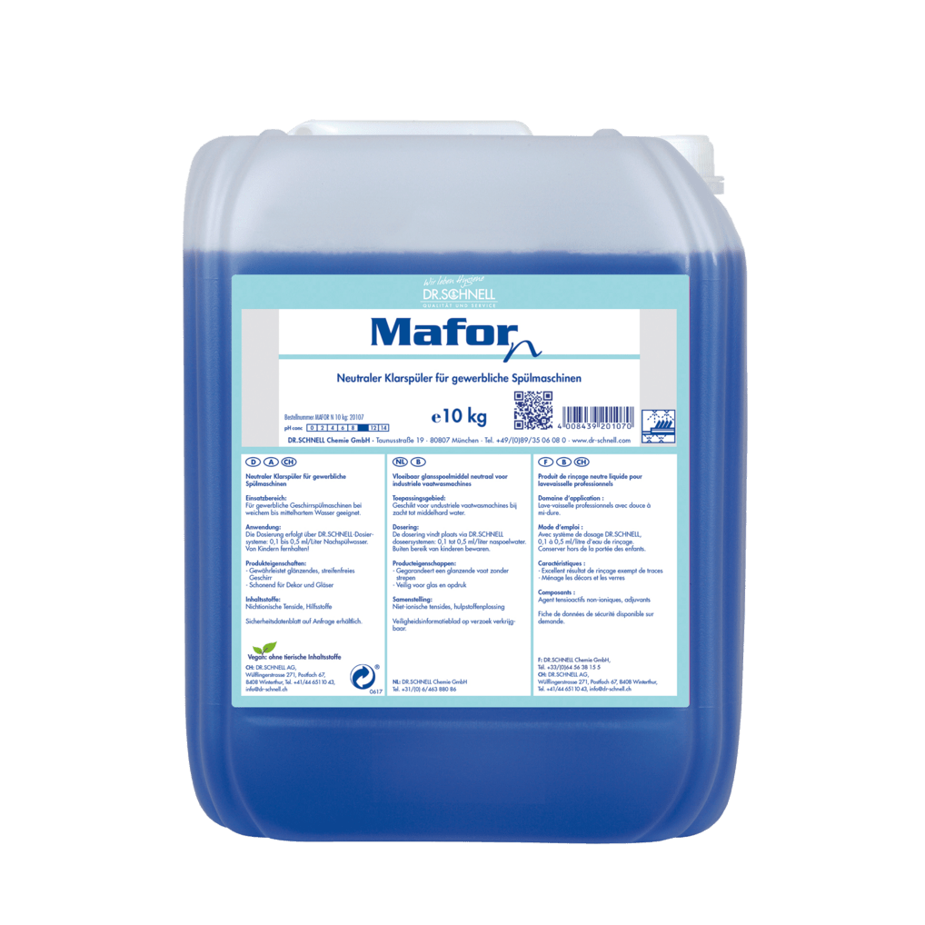 Een doorzichtige kunststofcontainer van 10 kg van Dr. Schnell MAFOR N 1 Glansspoelmiddel voor vaatwasmachines van DR.SCHNELL GmbH & Co. KGaA, gevuld met blauwe vloeistof; voorzijde etiket in het Duits met de vermelding streeploze glans in commerciële vaatwasmachines.