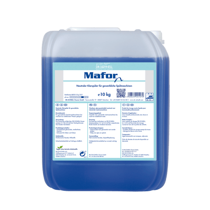 Een doorzichtige kunststofcontainer van 10 kg van Dr. Schnell MAFOR N 1 Glansspoelmiddel voor vaatwasmachines van DR.SCHNELL GmbH & Co. KGaA, gevuld met blauwe vloeistof; voorzijde etiket in het Duits met de vermelding streeploze glans in commerciële vaatwasmachines.