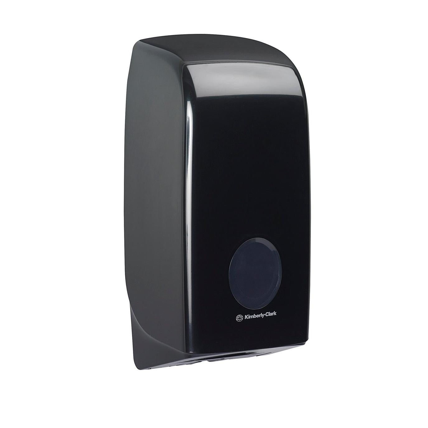 De Aquarius™ toiletpapierdispenser van Kimberly-Clark GmbH is een zwart wandapparaat met een rond, transparant voorraam en een logo in de buurt van de basis - ideaal voor elke badkamer. 1 dispenser per doos.