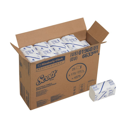 Een geopende "Scott"-doos van Kimberly-Clark GmbH bevat 25 pakjes SCOTTFOLD* gevouwen handdoeken, elk pakje afzonderlijk verpakt met 175 witte middelgrote doekjes; een pakje is buiten de doos afgebeeld.