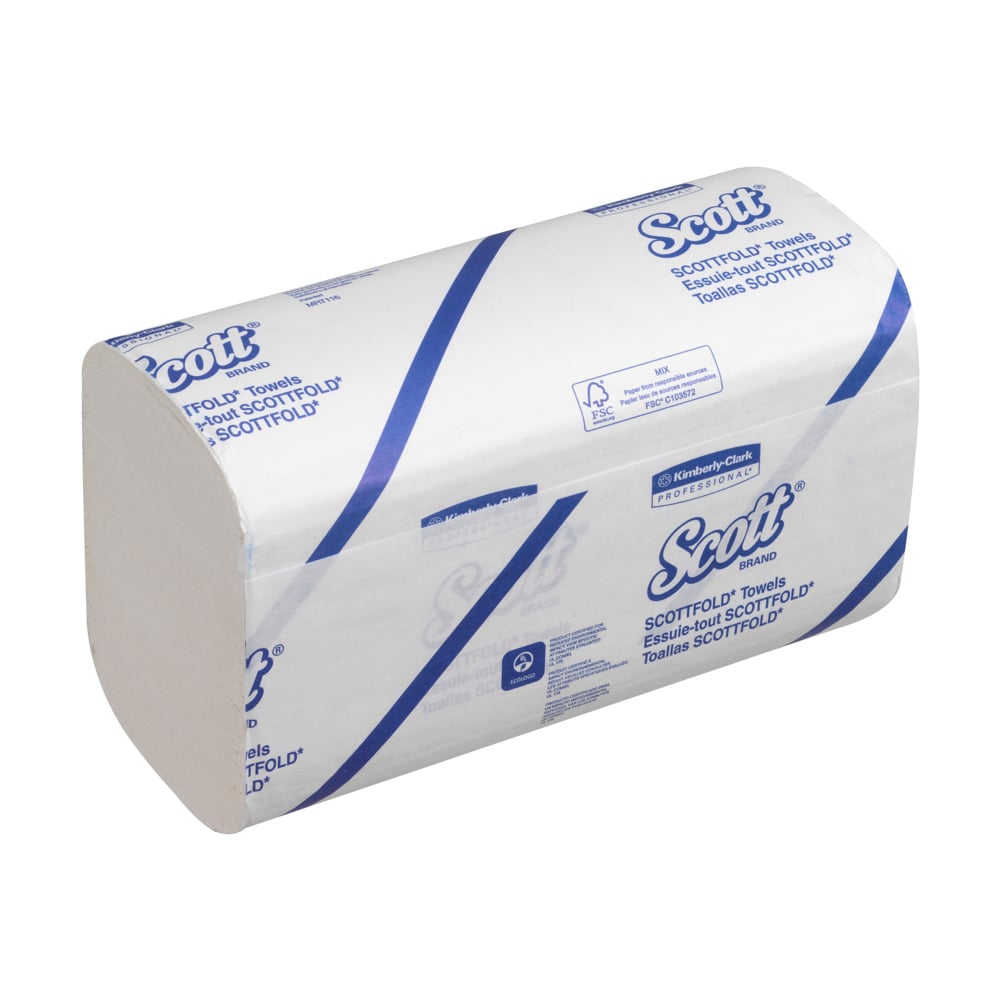 Een karton Scott® SCOTTFOLD* handdoeken van Kimberly-Clark GmbH (wit, gevouwen, middel - 25 clips x 175 vellen) staat in wit-blauw design op een witte ondergrond.