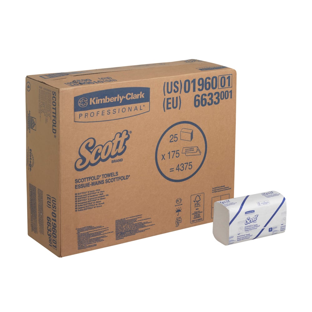 Een grote witte doos met het opschrift "Scott® SCOTTFOLD* handdoeken" van Kimberly-Clark GmbH bevat 25 clips x 175 vellen (25 pakjes) gevouwen handdoeken voor hygiënische handdroging, waarop de productdetails duidelijk zichtbaar zijn.