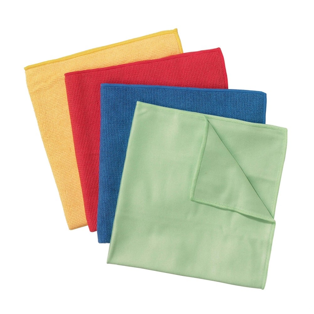 Vier WypAll® Mikrofasertücher - flaches Tuch / 40 x 40 cm von Kimberly-Clark GmbH in den Farben gelb, rot, blau und grün liegen übereinander; das grüne Tuch ist an einer Ecke teilweise gefaltet, um seine Struktur zu zeigen.