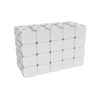 Een stapel van 24 witte toiletpapierrollen, ideaal om te combineren met Kimberly-Clark GmbH Hostess™ NATURA™ handdoeken - C-vouw, wit, M (20 clips x 140 vellen) voor een complete hygiëneoplossing.
