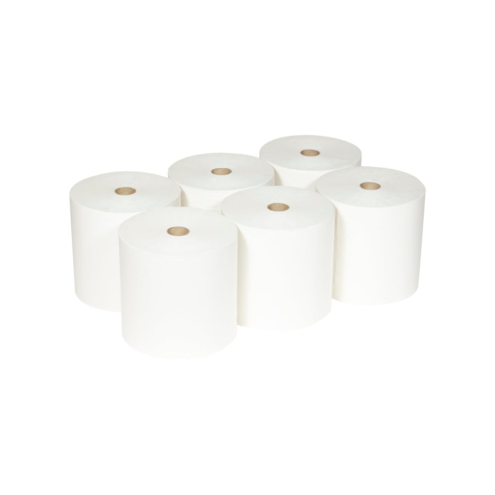 Six Scott® ESSENTIAL™ Handdoekrollen van Kimberly-Clark GmbH (wit, 6 rollen/doos) zijn in twee rijen van drie op een witte achtergrond gerangschikt; elke rol toont een zichtbare kartonnen kern.