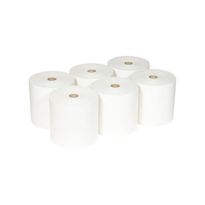 Six Scott® ESSENTIAL™ Handdoekrollen van Kimberly-Clark GmbH (wit, 6 rollen/doos) zijn in twee rijen van drie op een witte achtergrond gerangschikt; elke rol toont een zichtbare kartonnen kern.