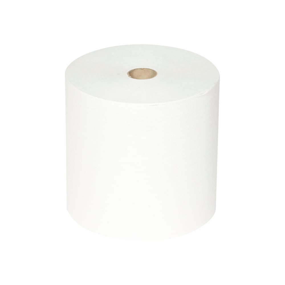 Een enkele grote Scott® ESSENTIAL™ Handdoeken rol van Kimberly-Clark GmbH, zichtbare kartonnen kern, rechtopstaand op een effen witte achtergrond; uit de verpakking 6 rollen x 1 vel | doos (6 rollen).