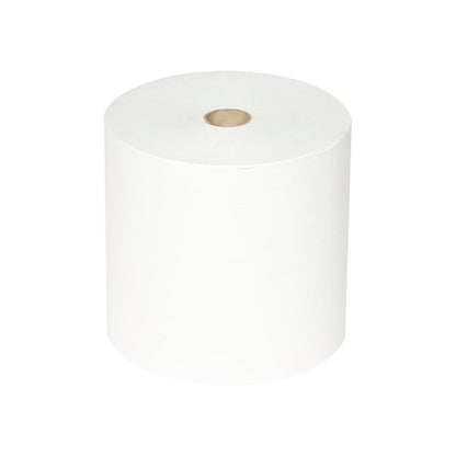 Een enkele grote Scott® ESSENTIAL™ Handdoeken rol van Kimberly-Clark GmbH, zichtbare kartonnen kern, rechtopstaand op een effen witte achtergrond; uit de verpakking 6 rollen x 1 vel | doos (6 rollen).