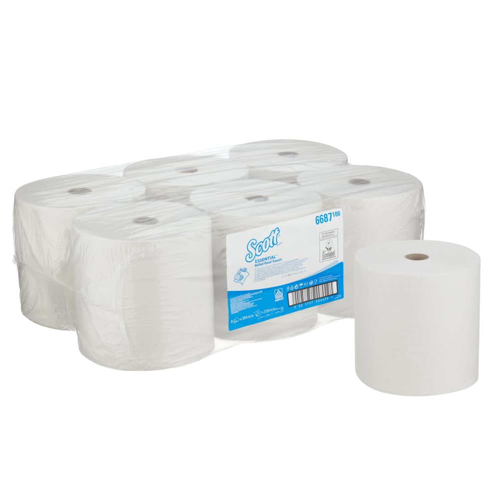 Six Scott® ESSENTIAL™ Handdoeken - Witte papieren handdoekrollen (6 x 1 vel) van Kimberly-Clark GmbH zijn in folie verpakt. Het label toont merk en details in blauw-wit en benadrukt de hygiënische handdoeken.