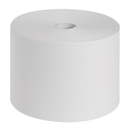 De Scott® ESSENTIAL™ artsenrollen van Kimberly-Clark GmbH, 6 rollen x 200 vellen, in wit, staan rechtop, met zichtbare kartonnen kern in het midden - perfect voor de hygiëne in de medische sector tegen een eenvoudige witte achtergrond.