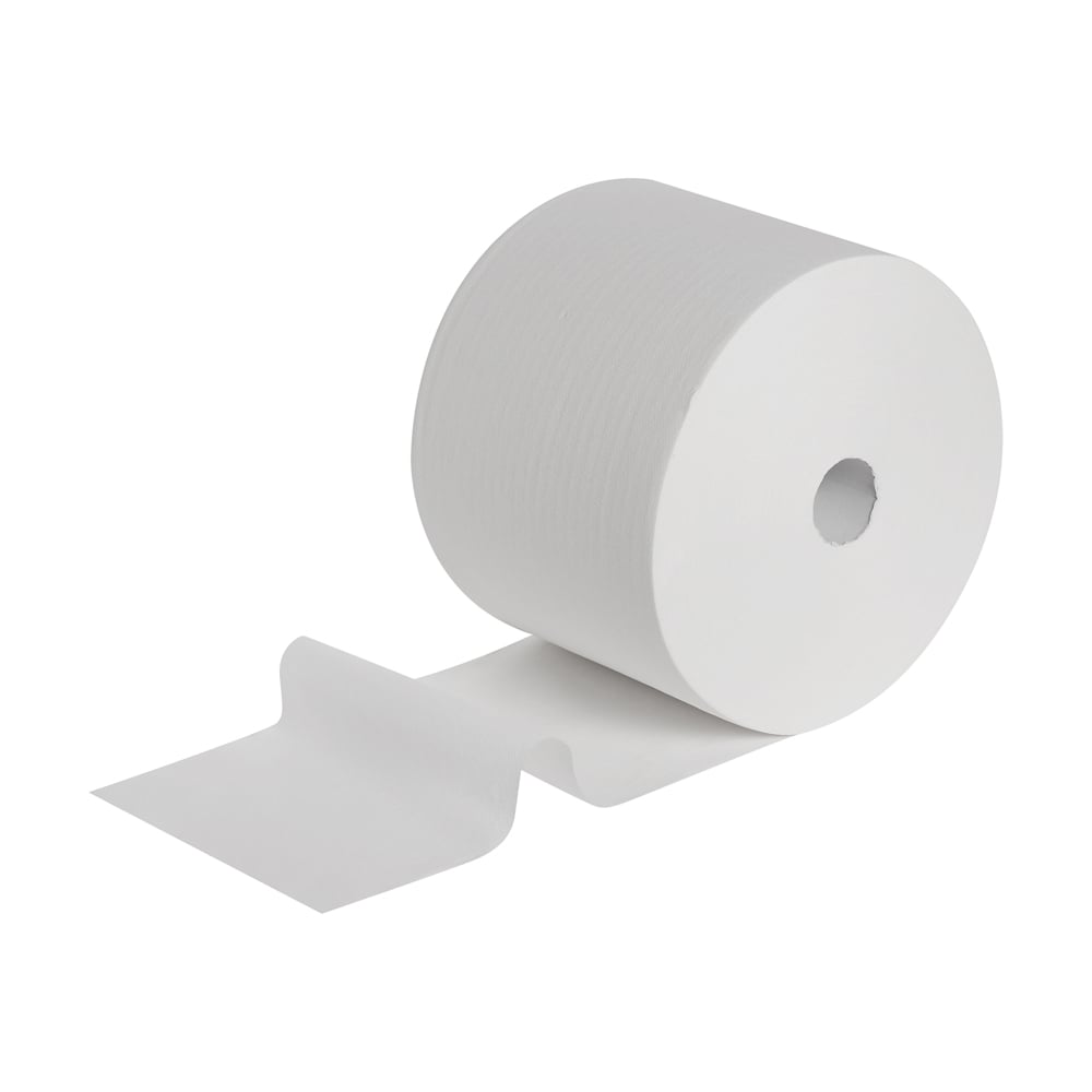 Een Scott® ESSENTIAL™ artsenrol van Kimberly-Clark GmbH is afgebeeld in het wit, gedeeltelijk uitgerold en plat liggend. Elke verpakking bevat 6 rollen met 200 vellen per rol, ideaal voor hygiënisch gebruik in medische instellingen.