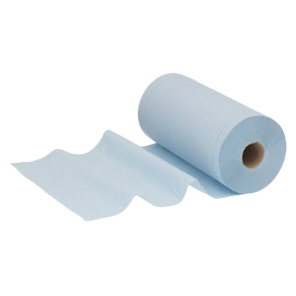 Eine teilweise abgerollte Rolle von Kimberly-Clark GmbH WypAll® L20 Papierwischtuch für Instandhaltungsarbeiten (Kleinrolle, blau, 2-lagig, 24 Rollen x 116 Blatt) zeigt perforierte Blätter und den Kern - perfekt für die Instandhaltung oder industrielle Reinigung.