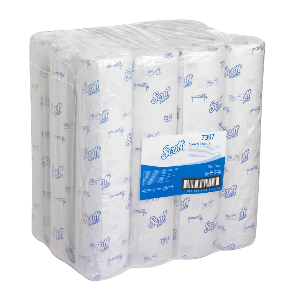 Een verzegelde kunststofverpakking bevat meerdere Kimberly-Clark GmbH Scott® artsenrollen - rol, 38,00 cm x 51,00 cm, elk afzonderlijk verpakt voor de hygiënische patiëntenzorg en het gebruik op medische onderzoekstafels.