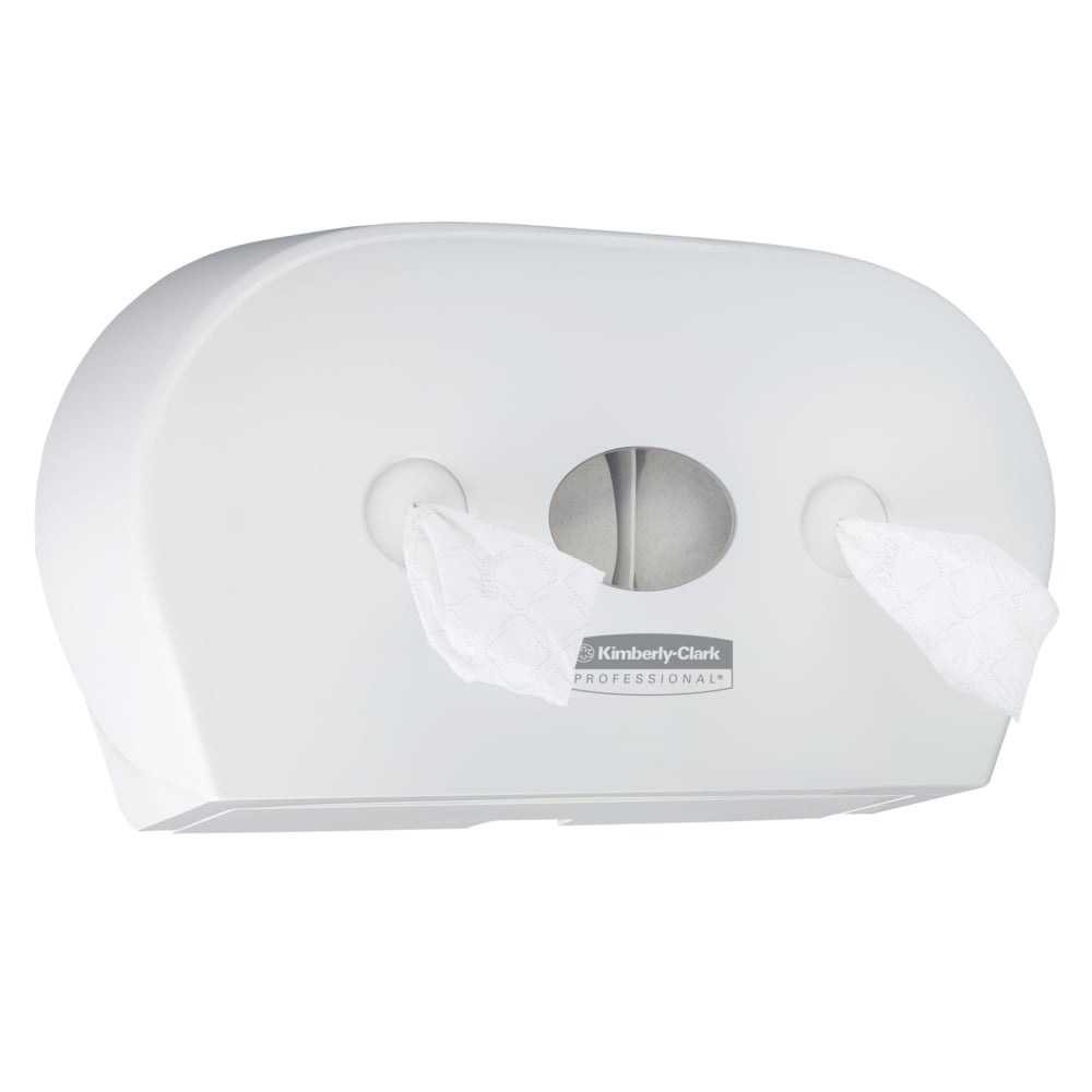 De Aquarius™ toiletpapierdispenser - centrale afname van Kimberly-Clark GmbH is een witte, wandgemonteerde Jumbo-tissue-dispenser met een centraal venster en openingen aan elke kant voor papiertoegang.