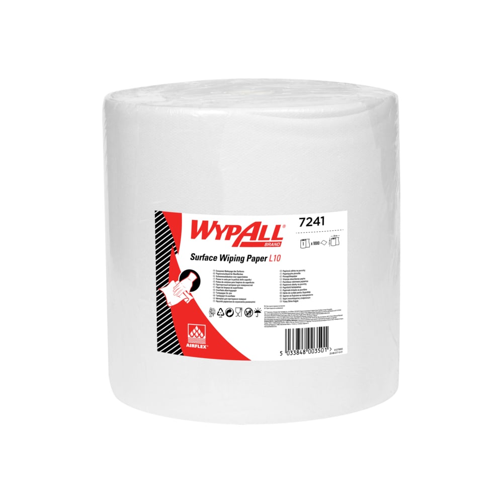 Das WypAll® L10 Papierwischtuch für Oberflächen - Großrolle (Kimberly-Clark GmbH) ist eine extrabreite weiße Rolle (38,00 cm x 32,50 cm), perfekt für große Reinigungsaufgaben, mit einem rot-weißen Etikett mit Produktinformationen und Anweisungen.