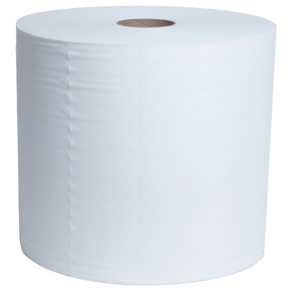 De Kimtech® Aviation Reinigingsdoeken Grootrol van Kimberly-Clark GmbH is een grote, witte industriepapirol (1 x 900 vellen), rechtopstaand met een bruine kern - ideaal voor reinigingstaken in de luchtvaart.