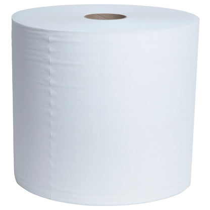De Kimtech® Aviation Reinigingsdoeken Grootrol van Kimberly-Clark GmbH is een grote, witte industriepapirol (1 x 900 vellen), rechtopstaand met een bruine kern - ideaal voor reinigingstaken in de luchtvaart.