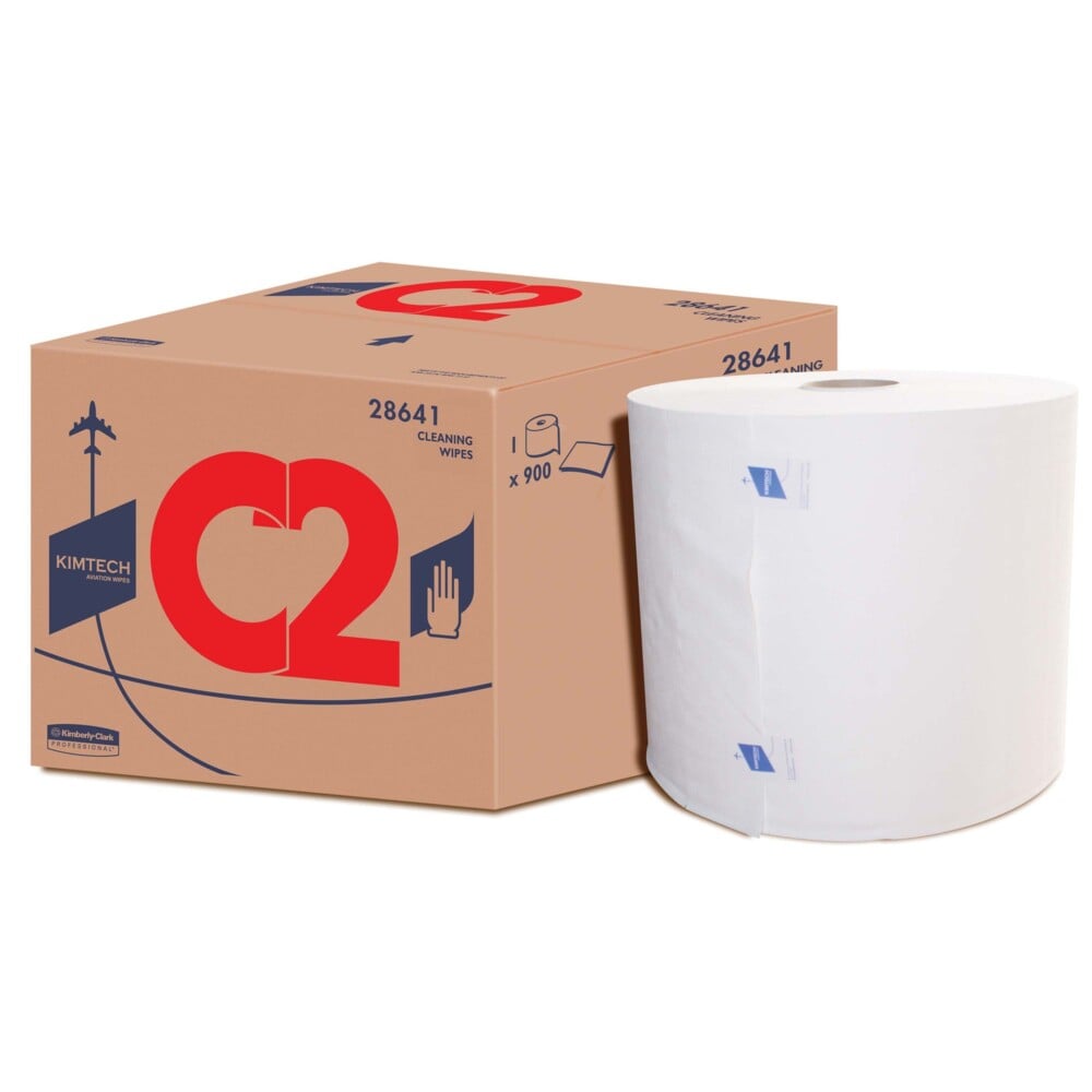 Een karton met de opdruk "Kimtech® Aviation Reinigingsdoeken - Grootrol / Wit - 1 rol x 900 vellen | Karton (1 rol)" van de Kimberly-Clark GmbH is afgebeeld naast een grote witte rol met productdetails en een handafbeelding voor gebruik in de luchtvaart.