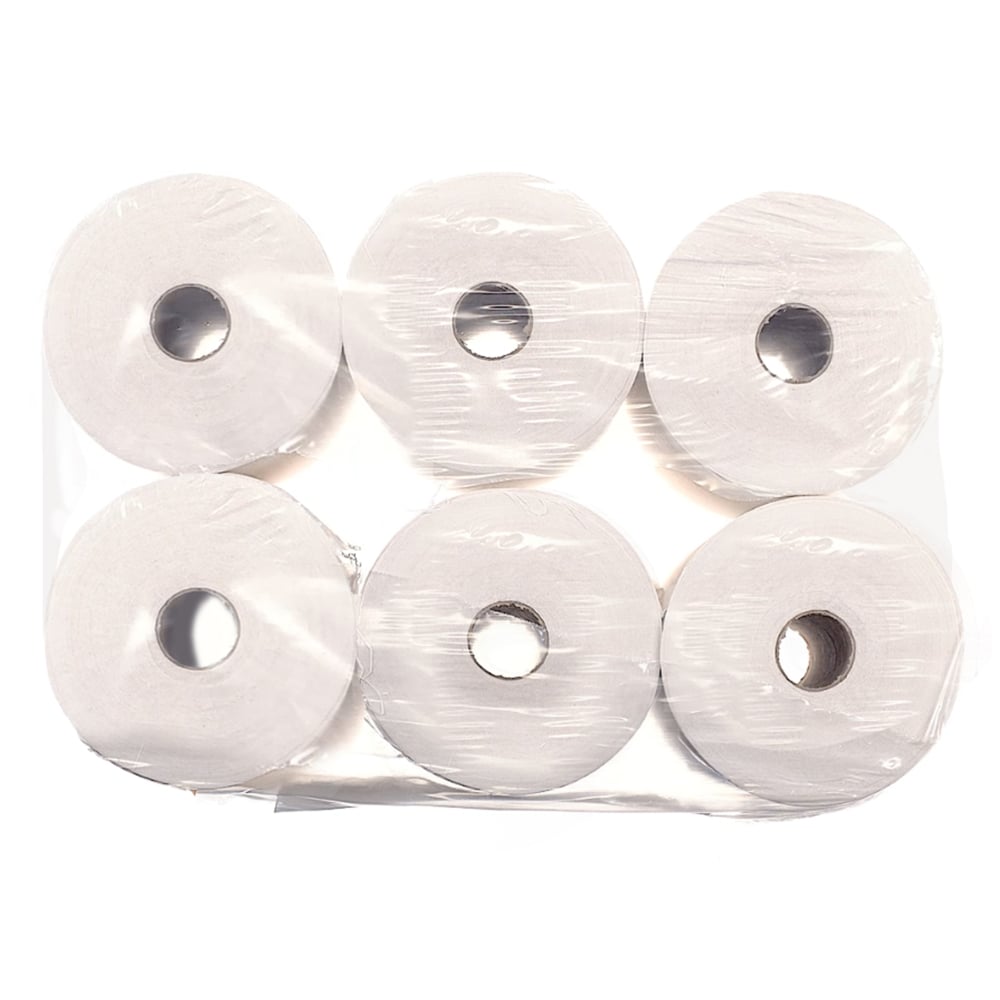 Zes Scott® Control™ Slimroll™ handdoeken, wit, van Kimberly-Clark GmbH, zijn verpakt als 6 rollen per doos - perfect voor hygiënische handdroging in elke wasruimte.