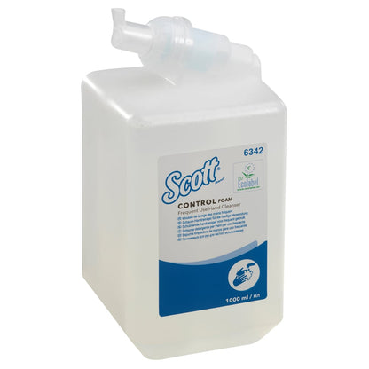 De Scott® Control™ schuim-handreiniger 1-liter-cassette van Kimberly-Clark GmbH is voor frequent gebruik, komt in een transparante dispenser met blauw-wit etiket en ecolabel; doos bevat 6 cassettes.