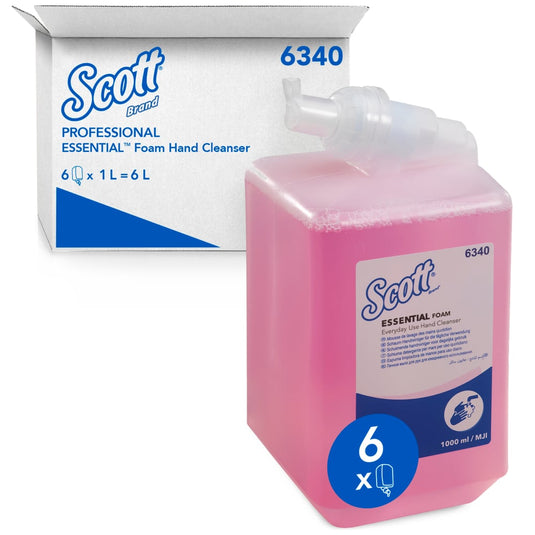 De Scott® Essential™ schuimzeep voor dagelijks gebruik (1 l, roze, patroon) van Kimberly-Clark GmbH is verkrijgbaar in een doos met 6 patronen – in totaal 6 liter navulhoeveelheid voor uw handhygiëne.