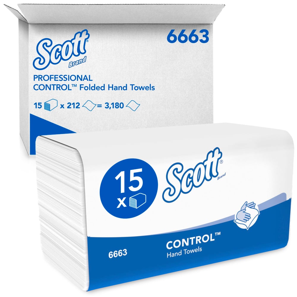 Een doos Scott® CONTROL™ vouwhanddoeken - Wit van Kimberly-Clark GmbH bevat 15 pakken met elk 212 vellen (in totaal: 3.180 vellen) voor hygiënisch handen drogen. Het productnummer 6663 is zichtbaar op de verpakking.