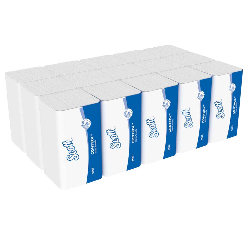 Een stapel Scott® CONTROL™ vouwhanddoeken van Kimberly-Clark GmbH in wit, 15 pakken x 212 vellen per doos (15 pakjes), heeft een absorberend ontwerp dat ideaal is voor hygiënisch handen drogen - in totaal 3.180 vellen.