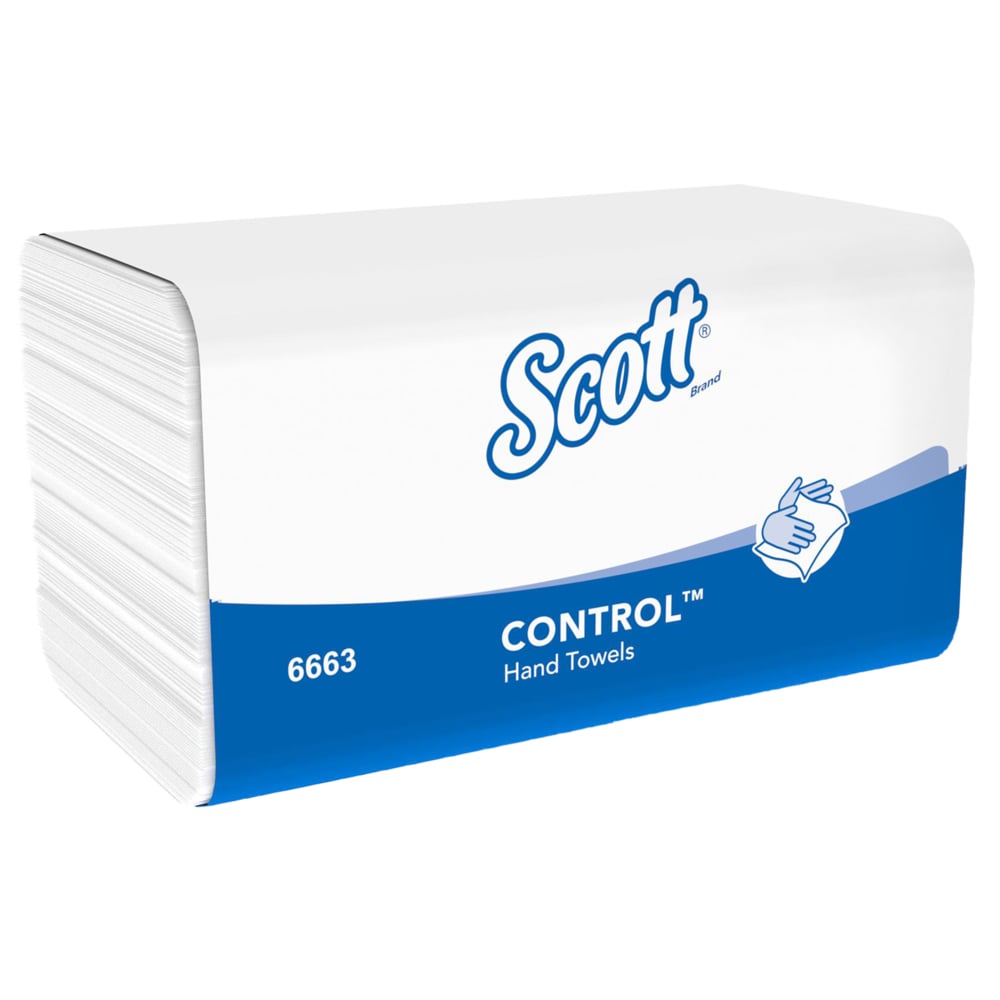 Een pak Scott® CONTROL™ vouwhanddoeken - Wit (15 clips x 212 vellen) van Kimberly-Clark GmbH is afgebeeld in een overwegend witte verpakking met een blauwe bodem, die hygiënische handen drogen met absorberend papier benadrukt.