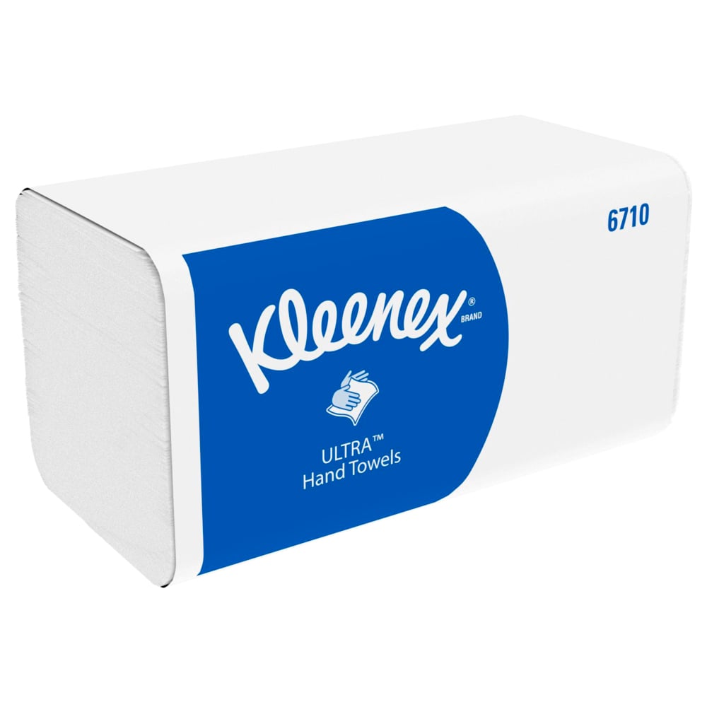 Een rechthoekige doos Kleenex® Ultra™ vouwhanddoeken Interfold, wit, 15 x 96 vellen van Kimberly-Clark GmbH - ideaal voor hygiënisch handen drogen, met blauw etiket, merknaam, handsymbool en productnummer 6710.