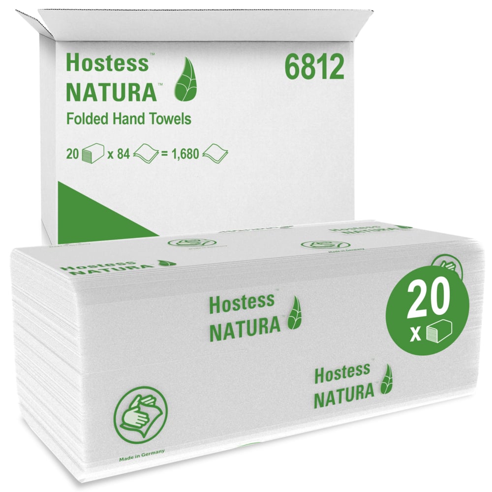 Een doos Hostess™ NATURA™ handdoeken van Kimberly-Clark GmbH bevat 20 pakketten met 84 gevouwen witte handdoeken (in totaal 1.680) in een groen bedrukte verpakking - ideale papieren handdoeken voor openbaar of commercieel gebruik.