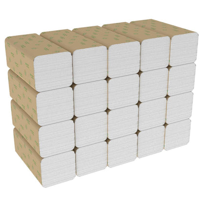 Een stapel van 20 Hostess™ NATURA™ handdoeken (zigzagvouw, 23 x 25 cm) van Kimberly-Clark GmbH komt in bruin papier, gerangschikt in vier rijen en vijf kolommen.