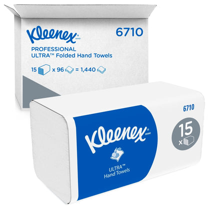De Kleenex® Ultra™ vouwhanddoeken van Kimberly-Clark GmbH bevatten 15 verpakkingen met 96 witte vouwhanddoeken (in totaal 1.440 stuks) in een blauw-witte verpakking voor hygiënisch handen drogen in elke omgeving.