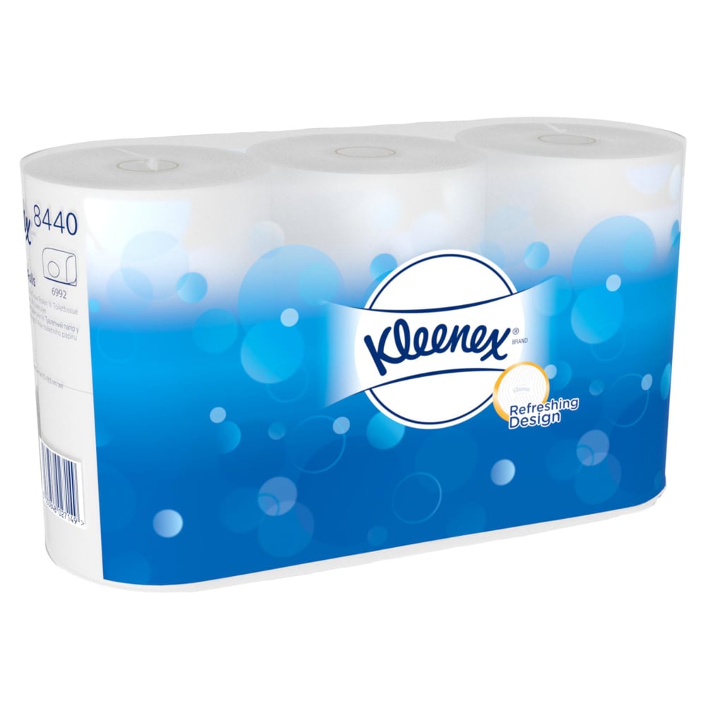 Ein Karton Kleenex® Toilettenpapier von Kimberly-Clark GmbH enthält 6 Packungen mit je 6 kleinen weißen Rollen (350 Blatt pro Rolle) für lang anhaltenden Komfort - ideal für Familien oder häufigen Gebrauch.