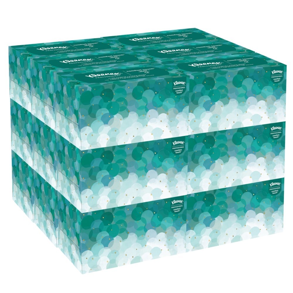 Drie rijen van vier Kleenex® Ultra™ Handdoeken (Interfold, wit, medium, 70 stuks/verpakking) van Kimberly-Clark GmbH zijn gestapeld; elke doos toont een groen-wit cirkelmotief, Kleenex-logo links, voor hygiënische handen.