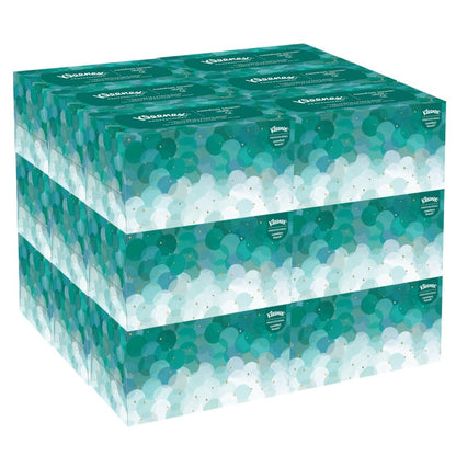 Drie rijen van vier Kleenex® Ultra™ Handdoeken (Interfold, wit, medium, 70 stuks/verpakking) van Kimberly-Clark GmbH zijn gestapeld; elke doos toont een groen-wit cirkelmotief, Kleenex-logo links, voor hygiënische handen.