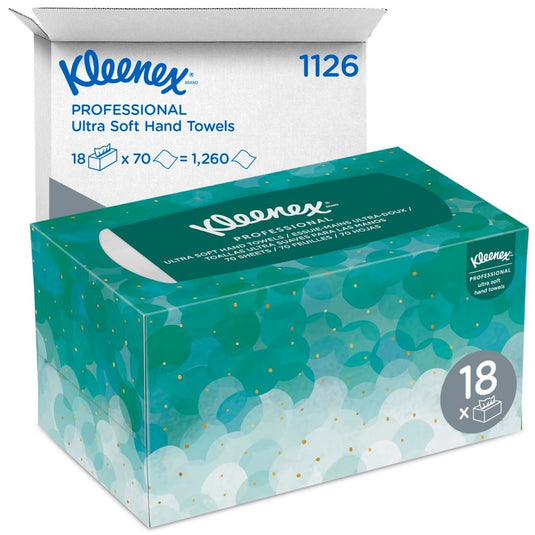 Op de afbeelding is een doos Kleenex® Ultra™ Interfold-handdoekjes (wit, middelgroot, 70 stuks) van Kimberly-Clark GmbH te zien tegen de achtergrond van een witte verzenddoos met de opschriften „1126” en „18 x 70 = 1.260”, waarin 18 hygiëneverpakkingen zitten.