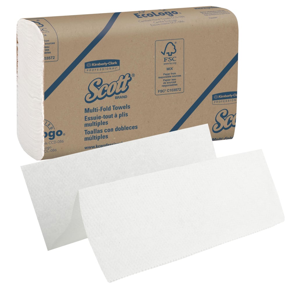 Een doos Scott® Handdoeken - MultiFold, Wit, Medium, 16 clips x 250 vellen van Kimberly-Clark GmbH; afgebeeld met twee ongevouwen witte handdoeken - ideaal voor hygiënisch handdrogen.