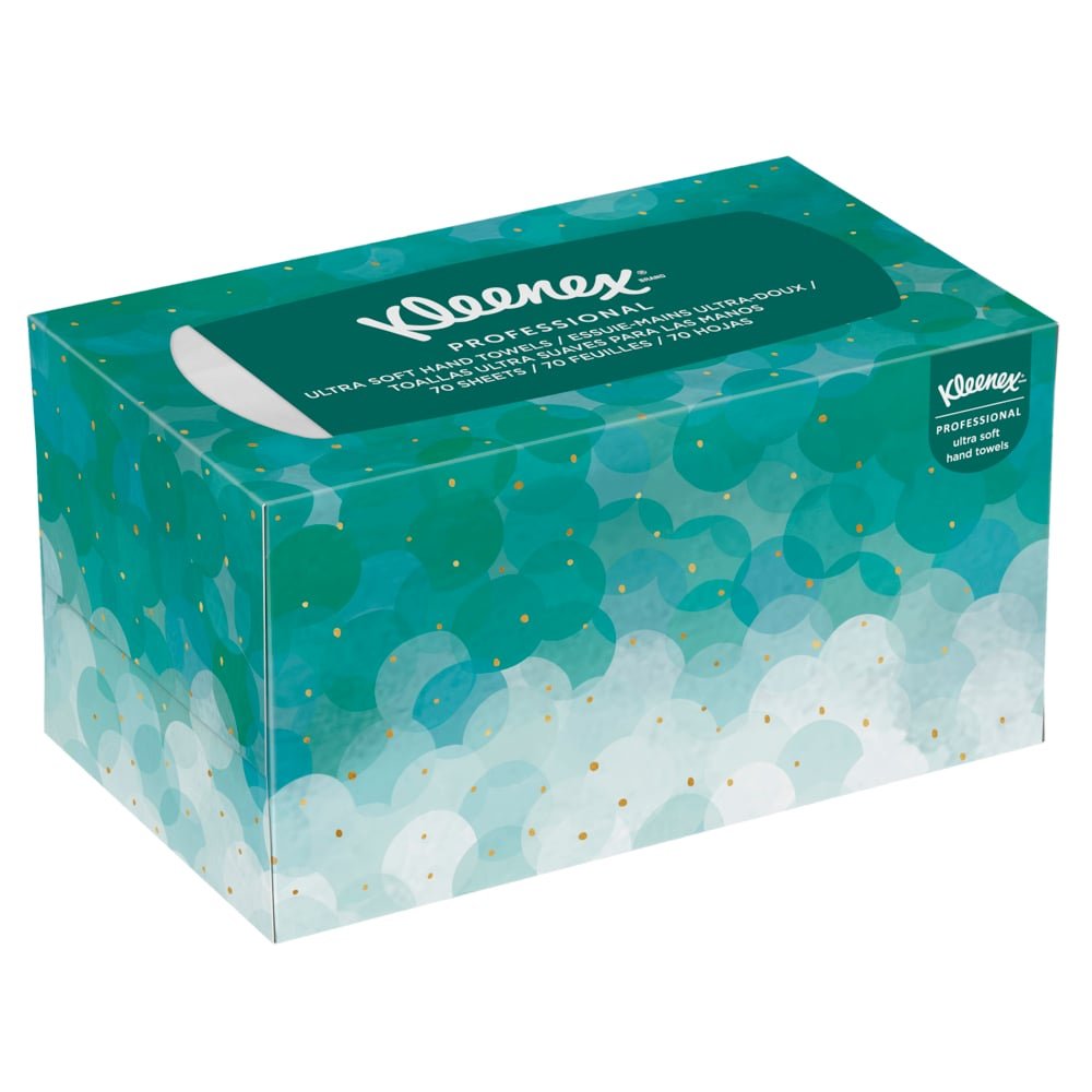 De Kleenex® Ultra™ Handdoeken Interfold (70 stuks, Wit, Medium) van Kimberly-Clark GmbH komen in een rechthoekige doos met abstract ontwerp in Teal/Blauw en gouden accenten, die beschikt over een witte tissue-sleuf - ideaal voor hygiënische handen in de professionele omgeving.