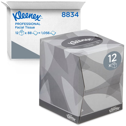 Een doos Kleenex® cosmetische tissues - kubusdoos / wit van Kimberly-Clark GmbH staat voor een doos met: 12 dozen met elk 88 tissues, dus in totaal 1.056 gezichtsverzorgingstissues.