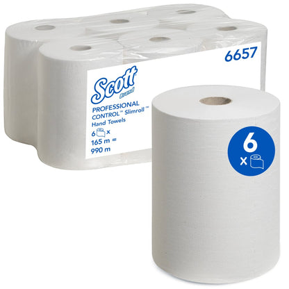 Een doos met zes Scott® Control™ Slimroll™ handdoeken van Kimberly-Clark GmbH (wit, 6 rollen), met een rol aan de voorkant, vijf rollen in doorzichtige kunststof en een blauwe cirkel met het cijfer zes op de voorste rol.