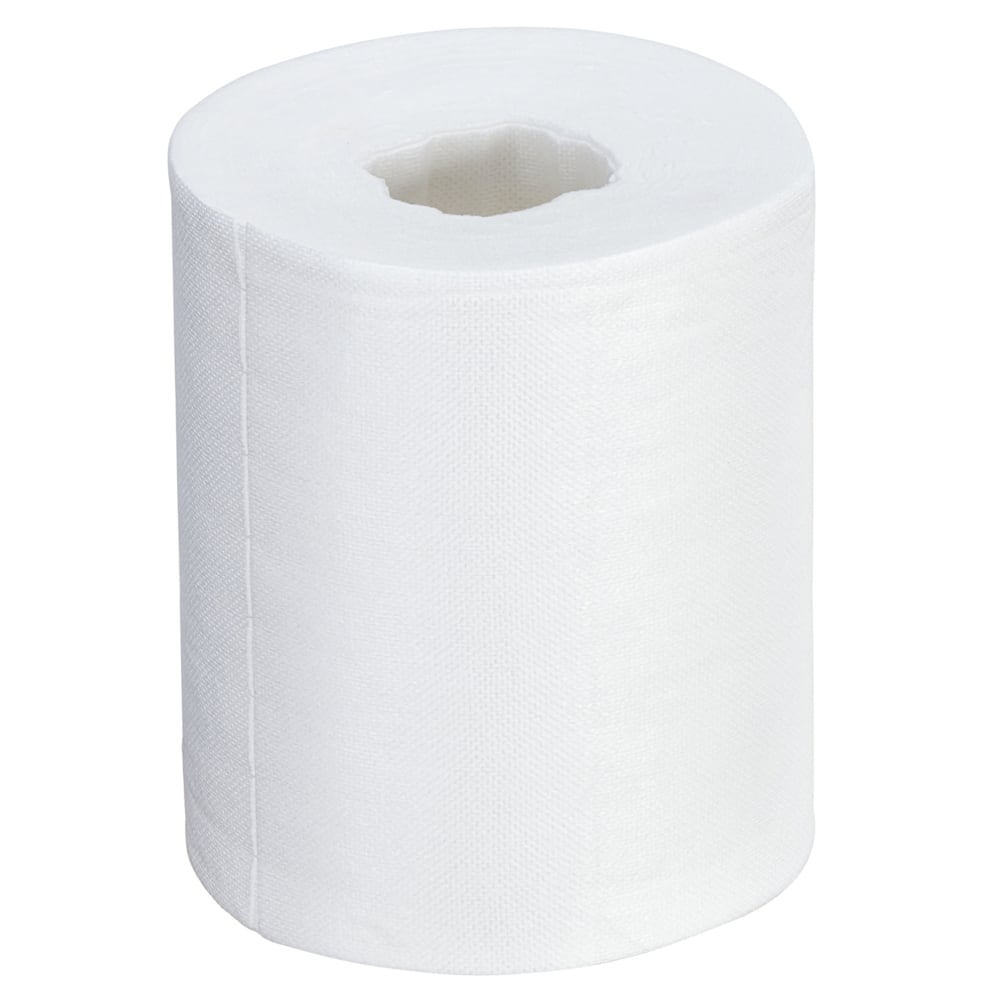 Een enkele, ongebruikte rol Kimtech® doekjes - centrale afname / wit van Kimberly-Clark GmbH staat rechtop op een eenvoudige witte achtergrond en heeft een zichtbare centrale kartonnen koker voor eenvoudige afname en effectieve reiniging.