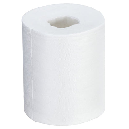 Een enkele, ongebruikte rol Kimtech® doekjes - centrale afname / wit van Kimberly-Clark GmbH staat rechtop op een eenvoudige witte achtergrond en heeft een zichtbare centrale kartonnen koker voor eenvoudige afname en effectieve reiniging.