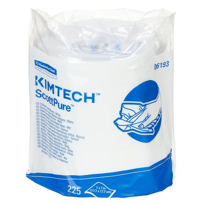 Een doos Kimtech® doekjes - centrale afname van Kimberly-Clark GmbH bevat 6 rollen met elk 225 witte doekjes, met blauw-witte branding en een handveegillustratie voor effectieve reiniging.