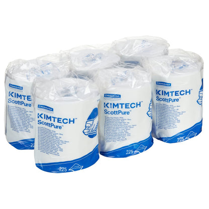 De zes rollen Kimtech® doekjes - centrale afname van Kimberly-Clark GmbH met elk 225 witte vellen zijn verpakt in een doorzichtige kunststofverpakking en voorzien van blauw-witte etiketten die een handveegafbeelding voor een effectieve centrale afname tonen.