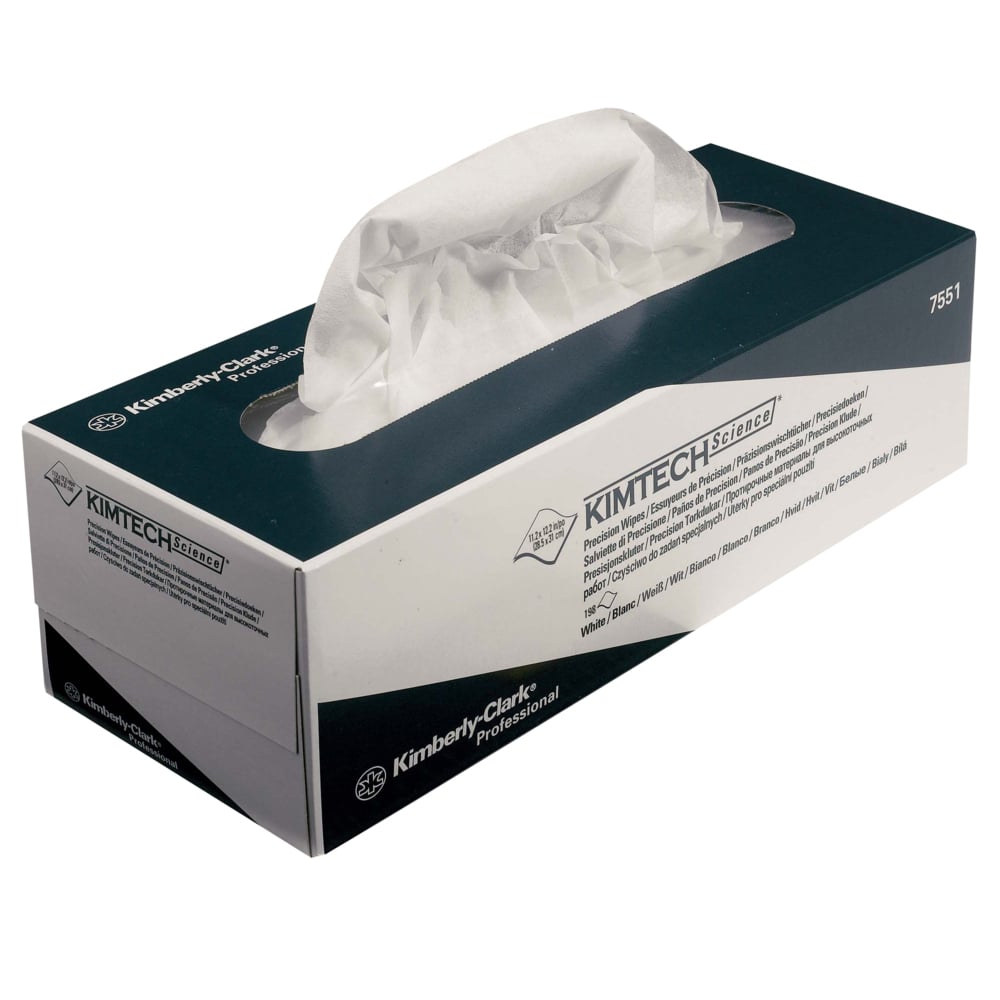 Een rechthoekige doos Kimtech® Science Precisiedoekjes - Trekdoos/Wit/Groot (15 dozen x 196 vellen) van Kimberly-Clark GmbH, met een uitstekend wit doekje, ideaal voor het reinigen van gevoelige oppervlakken.