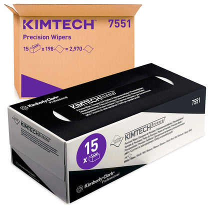 Afgebeeld zijn twee Kimtech® Science Precisiedoekjes-dozen van Kimberly-Clark GmbH: een bruine verzenddoos (15x196 vellen) en een zwart-witte verkoopdoos voor het reinigen van gevoelige oppervlakken.