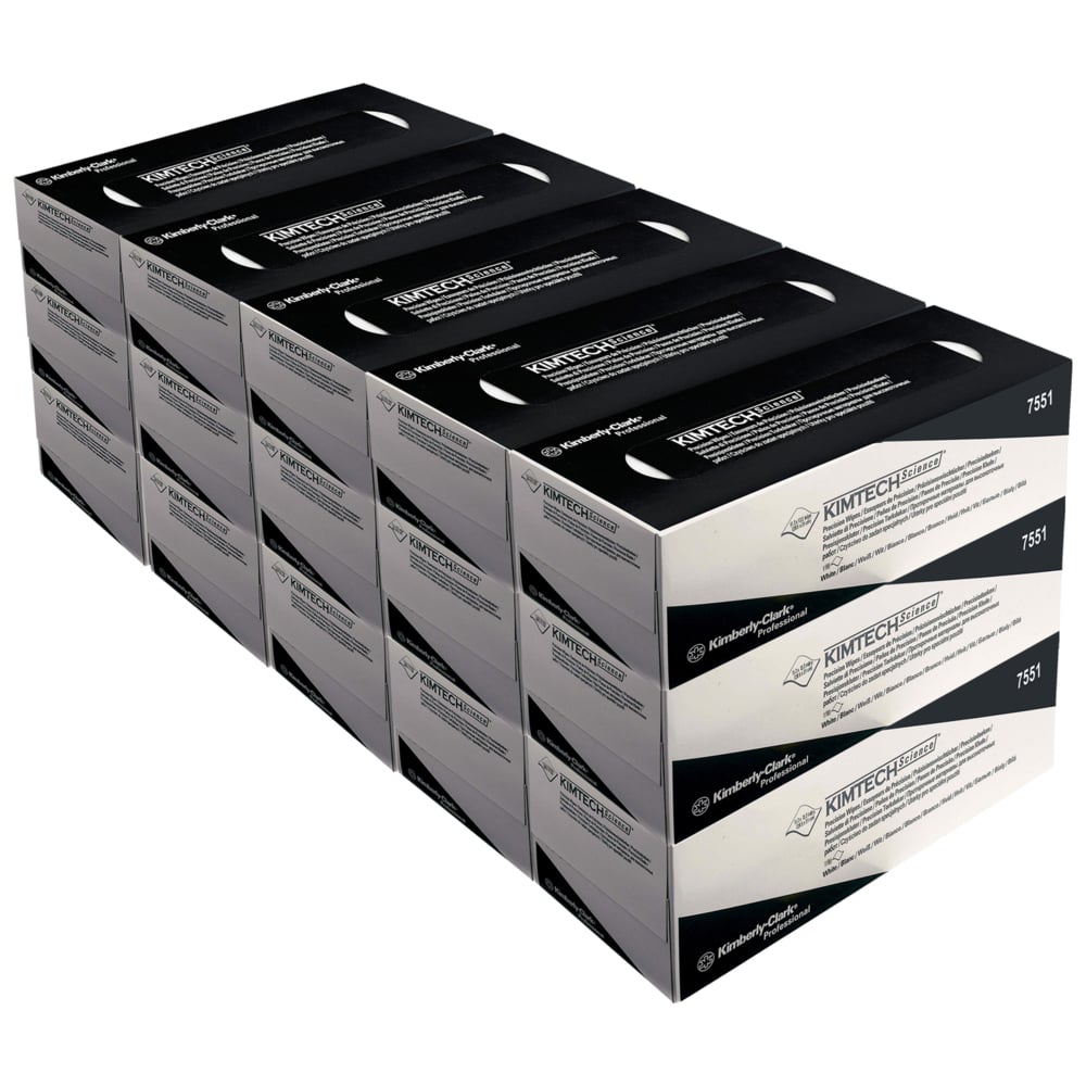 Vier rijen Kimberly-Clark GmbH Kimtech® Science Precisiedoekjes Trekdozen, Groot, Wit (15 dozen x 196 doekjes) zijn op elkaar gestapeld; elke doos toont duidelijk het merk en de productinformatie op de verpakking.