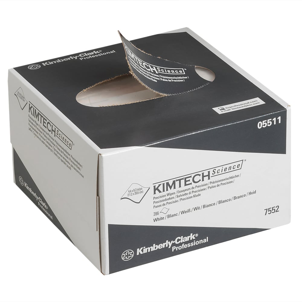 Afgebeeld is een wit-grijze Kimberly-Clark GmbH Kimtech® Science Precisiedoekjes doos (klein, 30 dozen x 286 doekjes) met een gedeeltelijk uitgetrokken doekje, waarop het merk en de productinformatie zijn afgebeeld.