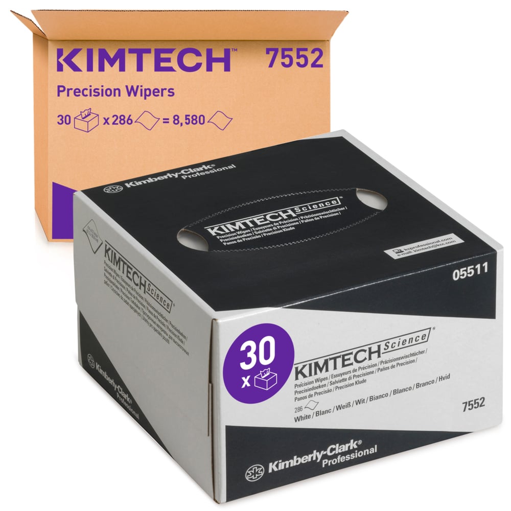 Een witte Kimtech® Science Precisiedoekjes doos (30 dozen x 286 vellen) van Kimberly-Clark GmbH staat achter een bruine doos. Deze pluisvrije doekjes zijn ideaal voor laboratoria en reiniging.