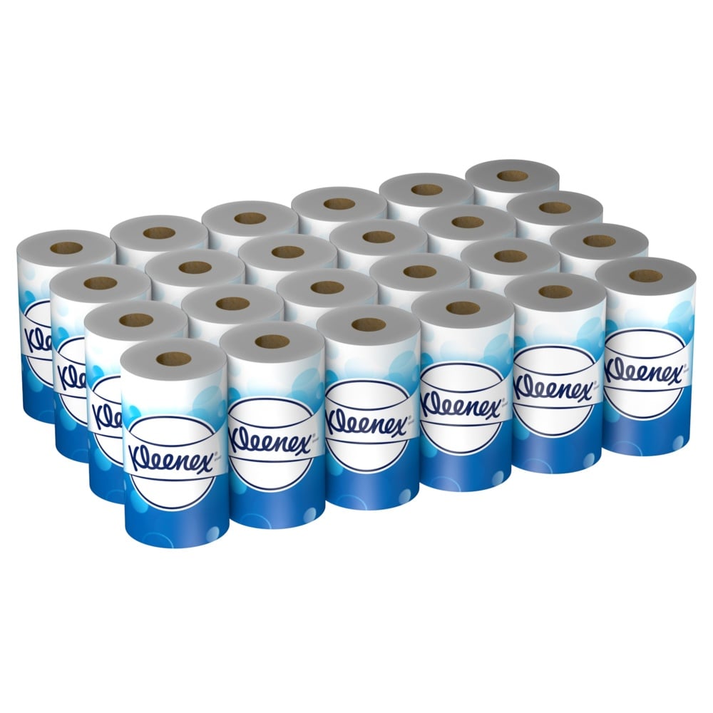 Ein Set von 24 Kleenex® Toilettenpapier Kleinrollen von Kimberly-Clark GmbH - jede Packung enthält 2 weiße Kleinrollen mit 200 Blatt, perfekt für Ihren Haushaltsbedarf.